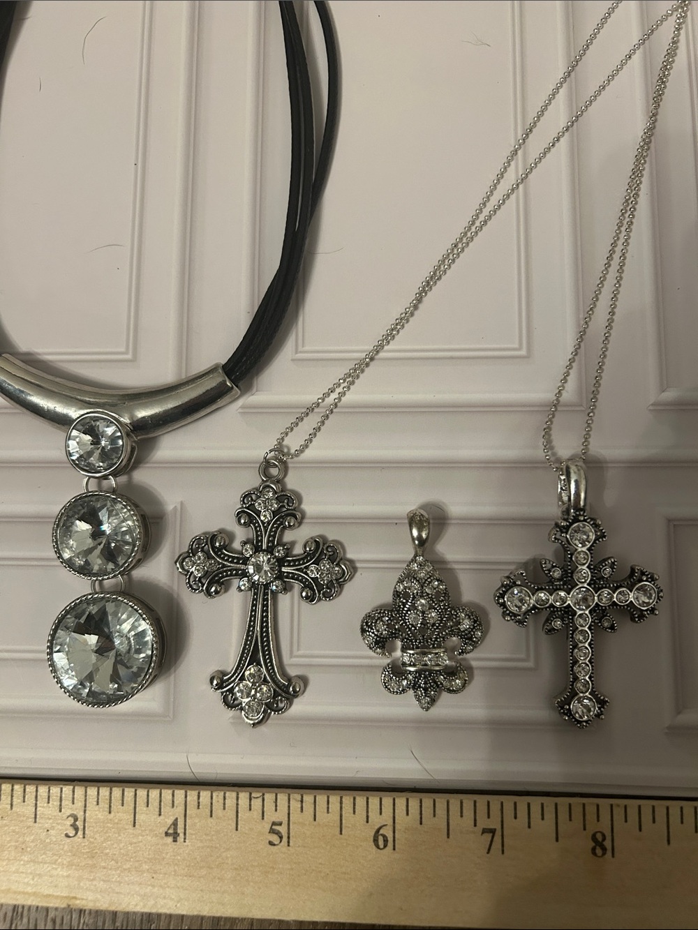 Silver-tone Crystal Cross & Fleur Pendant Necklace Set - Clear Rhinestones - Picture 6 of 6